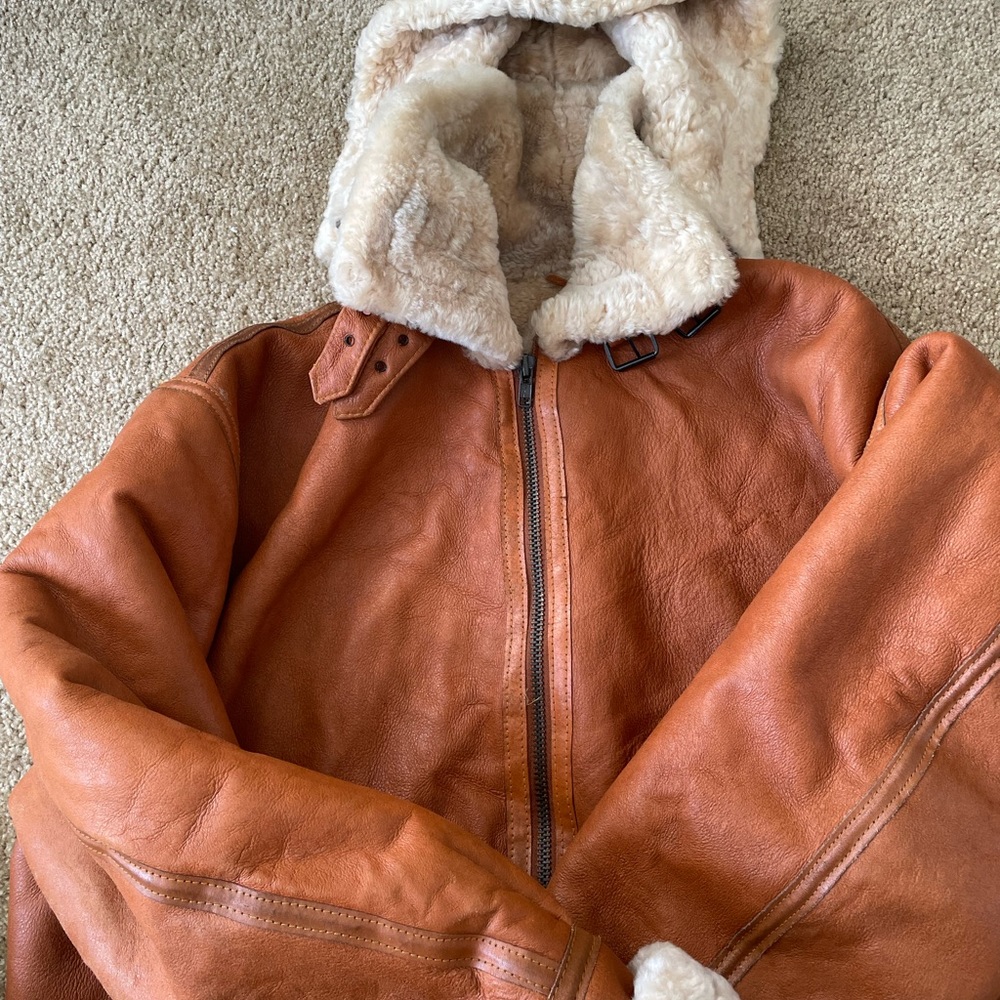 Real shearling winter bomber. Soft brown leather with real shearling fur. 3xl - Picture 2 of 6